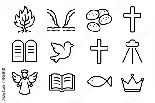 Old Testament Icon Set. Outline icon set of Old Testament miracles: burning bush, parting sea, manna bread,