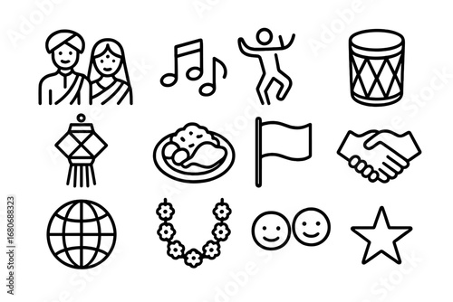 Multicultural Celebration Icons. Outline icon set of multicultural celebration: traditional clothing, music