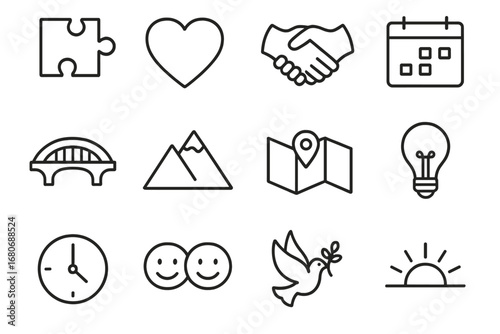 Symbolic Unity Icons. Outline icon set of rebuilding together: puzzle piece, heart, handshake, calendar,
