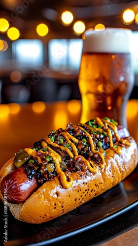 Delicious Hot Dog with Mustard Relish and Pickles Gou. Savory frankfurter treat yellow condiment chopped cucumber garnish scrumptious wiener flavorful appetizer tasty snack gourmet