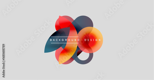 Abstract floral design. Overlapping colorful shapes create modern visual. Light gray background provides contrast. Simple text labels elements.