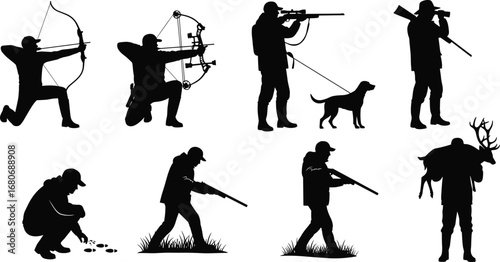 Silhouettes of hunters with bows and rifles, hunting dog, tracking footprints, carrying deer, outdoor hunting activity, wildlife hunting scenes