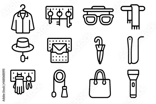 Entryway Pegboard Icons. Outline icon set of entryway pegboard: coat hook, key holder, sunglasses, scarf, hat,
