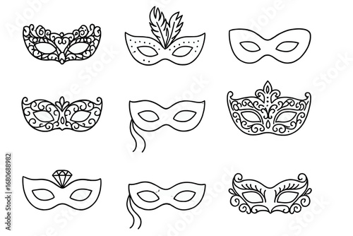 Elegant Mask Icons. Outline icon set of elegant masquerade masks: lace masks, feather masks, glitter masks,