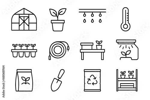 Greenhouse Management Icons. Outline icon set of greenhouse management: greenhouse structure, potted plant,