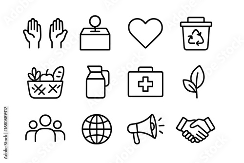 Volunteer Icon Set. Outline icon set of volunteer activities: helping hands, donation box, heart symbol,