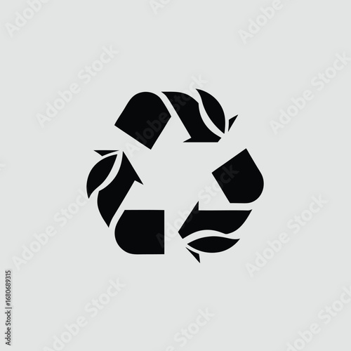 Black recycling symbol with leaves on a light gray background