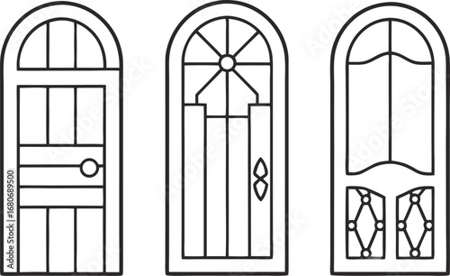 Three arched door designs, featuring intricate details and vintage charm in a simple line drawing, perfect for architectural projects