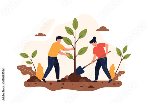 Two people are planting a tree together in a garden surrounded by plants and dirt helping the environment