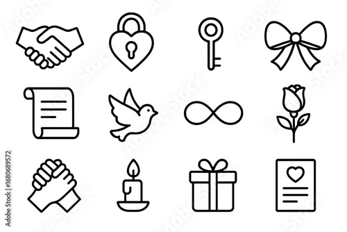 Promise Ceremony Icons. Outline icon set of promise ceremony symbols: handshake, heart lock, key, ribbon,