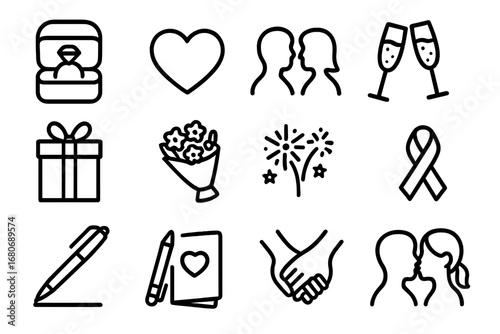 Proposal Icons Grid. Outline icon set of proposal and promise moments: ring box, heart icon, couple silhouette