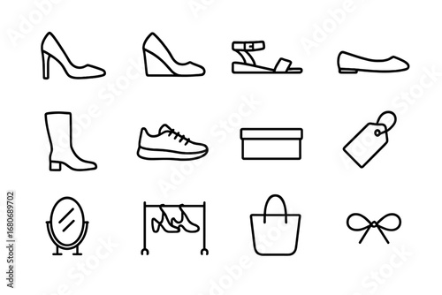 Women's Shoe Icons. Outline icon set of women’s shoe department: high heel, wedge, sandal, ballet flat, boot,