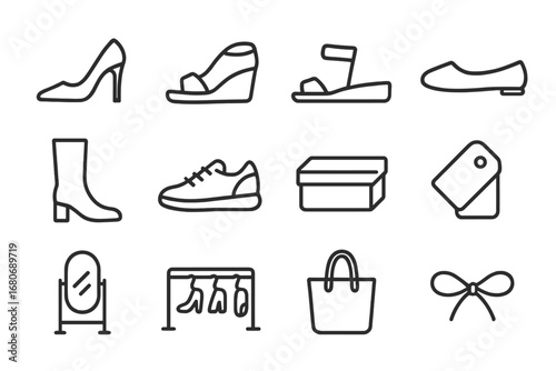 Women's Shoe Icons. Outline icon set of women’s shoe department: high heel, wedge, sandal, ballet flat, boot,