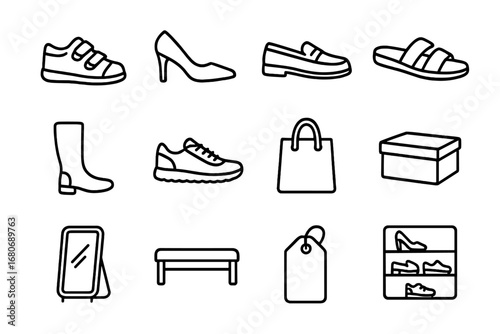 Family Shoe Icons. Outline icon set of family shoe shopping: child shoe, women’s heel, men’s loafer, sandal,
