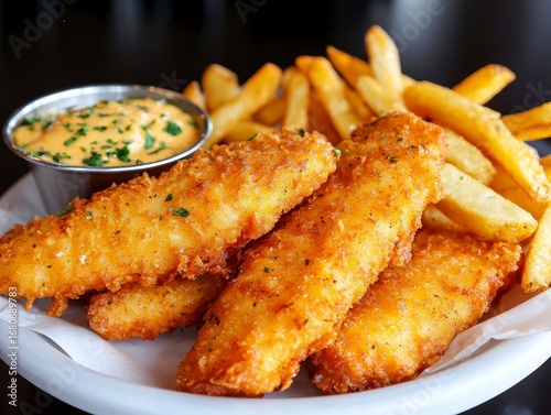 Fried catfish and fries. Crispy breaded freshwater fish with potato sticks a classic southern cuisine dish golden crunchy tasty delicious meal lunch supper treat.