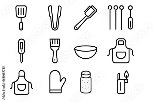 Grilling Tools Icons. Outline icon set of grilling tools: spatula, tongs, grill brush, skewers, meat