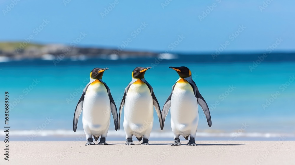 Fototapeta premium Three king penguins walking to the sea on a sandy beach