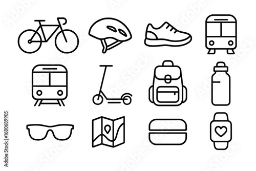 Healthy Commuting Icons. Outline icon set of healthy commuting: bicycle, helmet, walking shoes, bus, train,