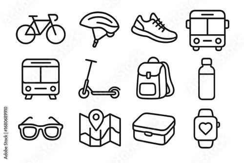 Healthy Commuting Icons. Outline icon set of healthy commuting: bicycle, helmet, walking shoes, bus, train,