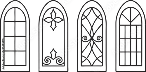Four arched windows, featuring various decorative designs and styles, showcasing architectural elements and vintage aesthetics