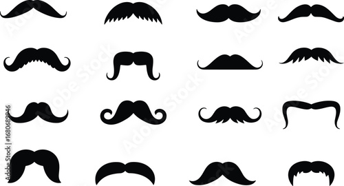 Collection of various black mustache silhouettes, different styles and shapes, vintage facial hair, barber design, grooming, hipster trend.