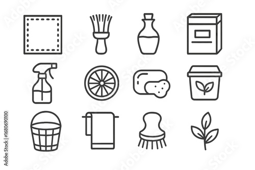 Eco Cleaning Icon Set. Outline icon set of eco-friendly cleaning tips: reusable cloth, bamboo brush, vinegar