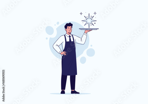 Skilled server presenting a shining star on a silver tray with a professional demeanor
