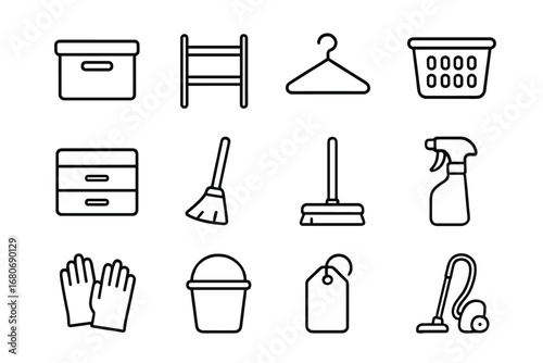 Cleaning Icons Grid. Outline icon set of organizing for easy cleaning: storage box, shelf, hanger, laundry
