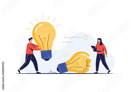 Two people collaborate on a brilliant idea with one standing light bulb and another light bulb on the floor