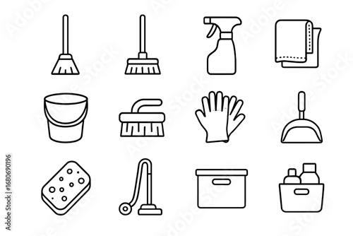 Minimalist Cleaning Icons. Outline icon set of minimalistic cleaning approach: broom, mop, spray bottle,