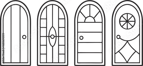 Collection of four arched doors with different designs vintage entrances with decorative elements and geometric patterns