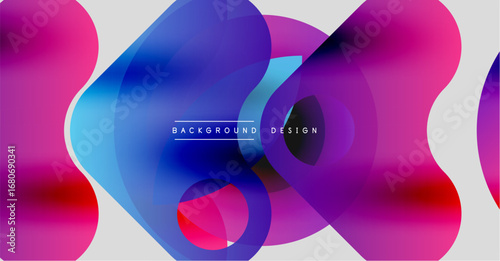 Abstract fluid shapes, vibrant colors blend. Modern design, dynamic composition, gradient effect. Background features overlapping circles, purple hues dominate.