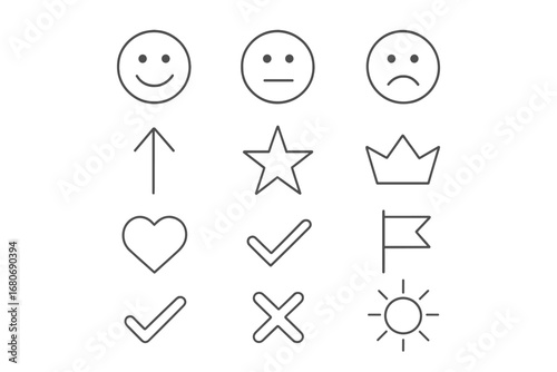 Behavior Chart Icons. Outline icon set of behavior chart symbols: smiley face, neutral face, sad face, arrow