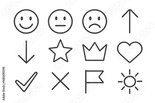 Behavior Chart Icons. Outline icon set of behavior chart symbols: smiley face, neutral face, sad face, arrow