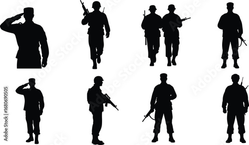 Soldier silhouettes, modern military men, saluting, walking, holding rifles, armed forces, army personnel, tactical, black silhouettes, military pose