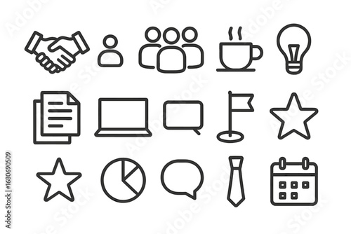 Workplace Collaboration Icons. Outline icon set of workplace alliances: handshake, group icon, coffee cup,