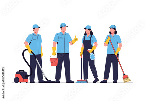 Professional cleaning team ready for housekeeping tasks and janitorial services providing a sparkling clean environment