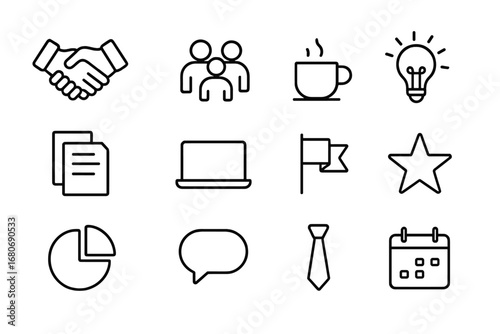 Workplace Collaboration Icons. Outline icon set of workplace alliances: handshake, group icon, coffee cup,