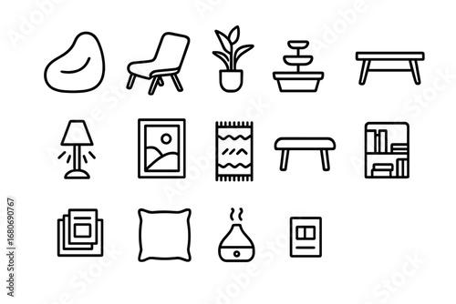 Office Relaxation Icons. Outline icon set of office relaxation zones: bean bag, lounge chair, indoor plant,
