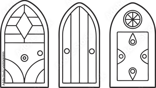 Three gothic arched doors medieval entrance with decorative elements line art illustration for coloring book