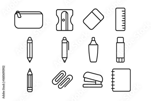 Back-to-School Icons. Outline icon set of back-to-school pencil case: sharpener, eraser, ruler, pencil, pen,