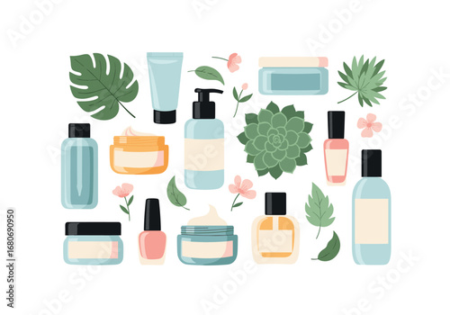 A collection of natural skincare products embellished with botanical elements and floral accents