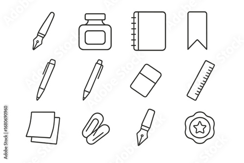 Stationery Icon Set. Outline icon set of stationery for creative writing: fountain pen, inkwell, notebook,