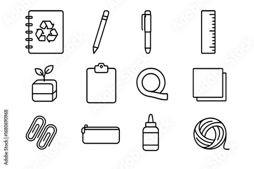 Eco Stationery Icons. Outline icon set of eco-friendly stationery: recycled paper notebook, bamboo pencil,