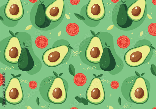 A whimsical pattern featuring fresh avocados sliced and whole alongside juicy red tomatoes and scattered green leaves on a soft green background