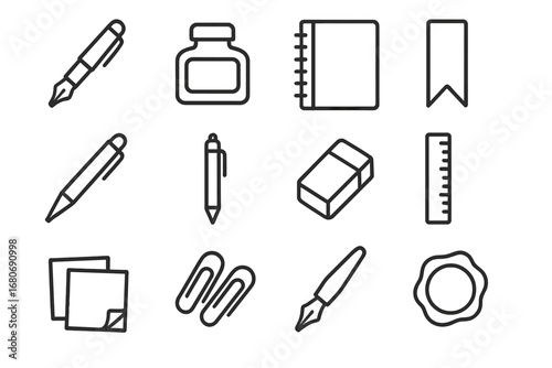 Stationery Icon Set. Outline icon set of stationery for creative writing: fountain pen, inkwell, notebook,