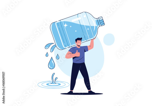 Man lifting large water bottle pouring out liquid onto a small growing plant showing conservation and sustainable practices