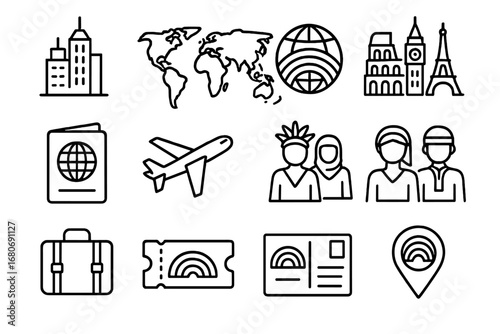 Global Pride Icon Set. Outline icon set of pride parade global celebrations: city skyline, world map, globe
