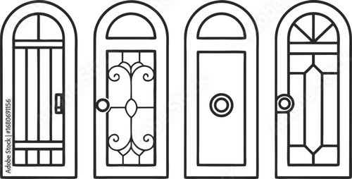 Four arched door designs, each featuring unique decorative elements and architectural styles for a variety of building entrances