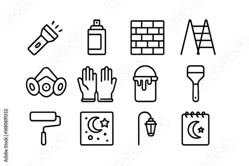 Nighttime Mural Tools. Outline icon set of market research analysis: magnifying glass, globe icon, pie chart,